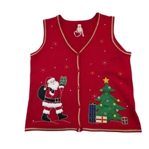 Womens XL Red Santa Christmas Tree Vest Ugly Holiday Sweater Rhinestone Beaded